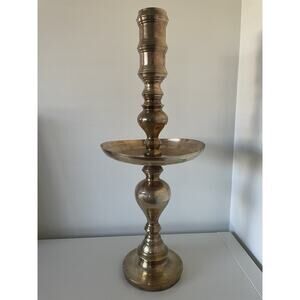 Vintage Polished Brass Pillar Candle Holder Etched Design Heavy Candlestick